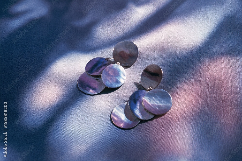 Poster elegant silver earrings displayed on a soft surface with light reflections in a serene setting