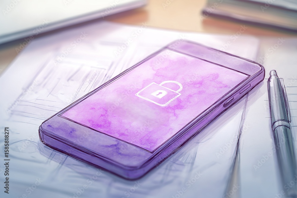 Poster smartphone with lock screen on a desk surrounded by sketches and a pen in a creative workspace