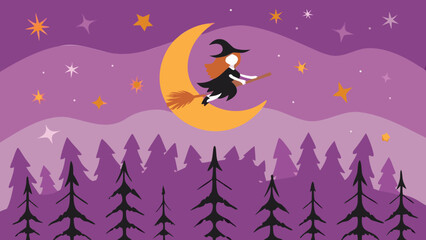 A witch silhouette flying on a broomstick in front of a crescent moon over a forest at night time