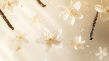 Floating vanilla beans and blossoms in soft light.