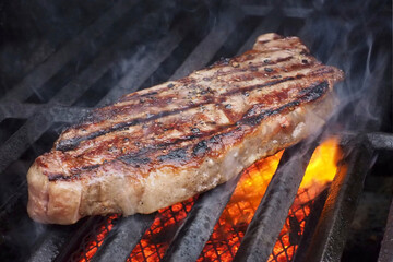 A photo of steaks and  being grilled on an iron gril