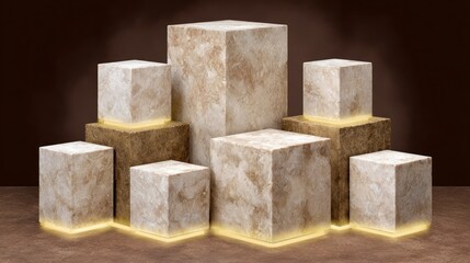 Collection of illuminated geometric marble and stone pedestals arranged in a visually appealing display