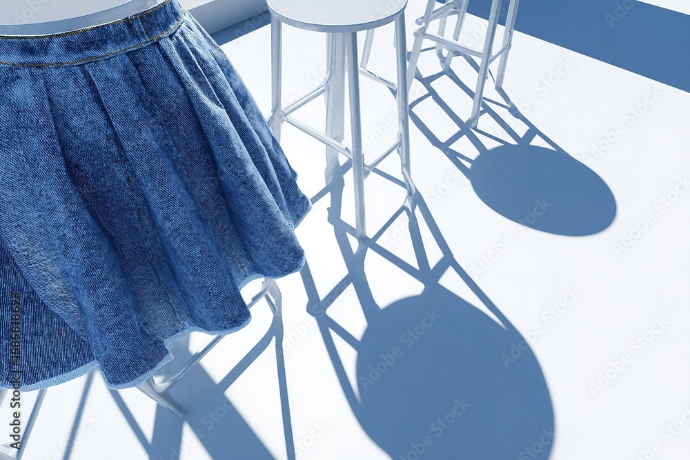 Poster skirt casting shadows on a sunlit surface with white stools in a minimalist setting