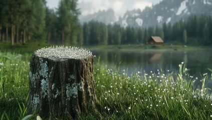 Serene Mountain Lake with Tree Stump