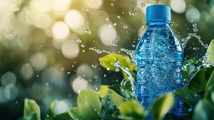 Refreshing Hydration: Crystal Clear Water Bottle Amidst Lush Greenery