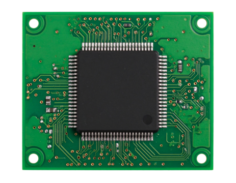 Top-Down View of Micro Semiconductor Chip on PCB Fragment, High-Tech Layout, Isolated PNG.