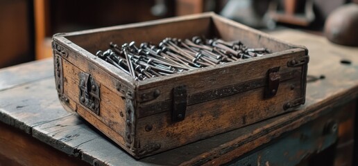 Antique Wooden Box Filled with Rusty Nails