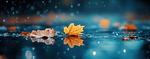 Autumnal Serenity: Fallen Leaves Reflecting in a Tranquil Puddle