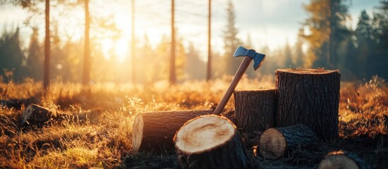 Golden Hour in the Forest: An Axe Rests on Tree Stumps