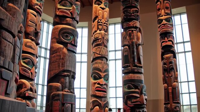 Carved wooden totem poles in a museum