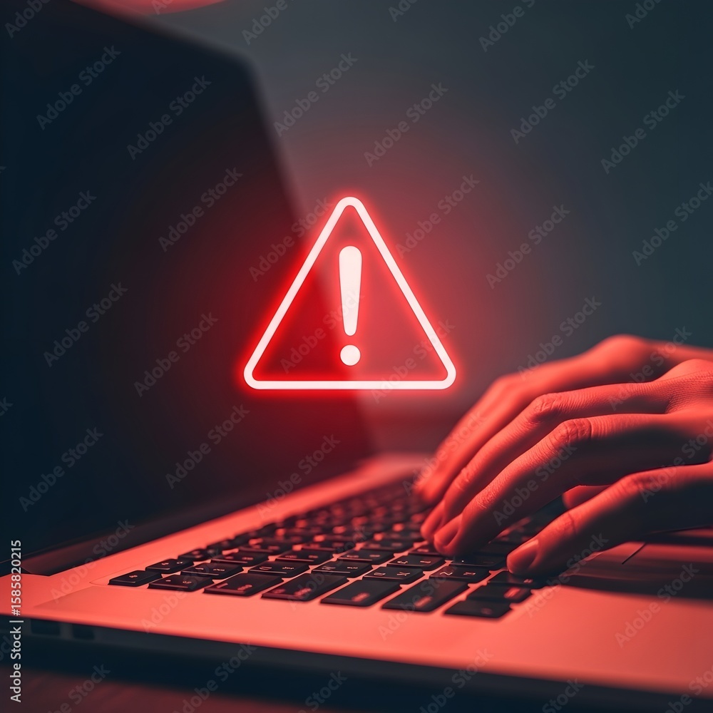 Poster hands type on a laptop facing a red warning sign, depicting cybersecurity threat detection and digit