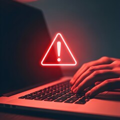 Hands type on a laptop facing a red warning sign, depicting cybersecurity threat detection and digital safety for online protection.