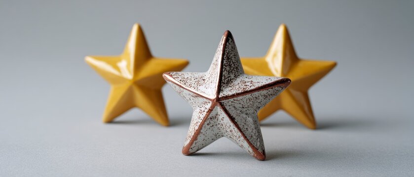 Three ceramic stars one speckled white and two yellow arranged on a gray surface