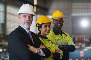 A man and a woman are standing in a factory, looking at a tablet. The engineer talks with the woman's workers. They wear a yellow and white safety helmet for safety.