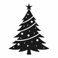 Classic black silhouette of a decorated Christmas tree with a star topper and ornaments perfect for holiday designs and celebrations