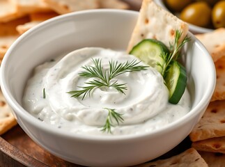 Creamy Dip Delight: A close-up captures the tantalizing allure of a creamy dip in a pristine white bowl, garnished with fresh herbs and crisp cucumber slices.