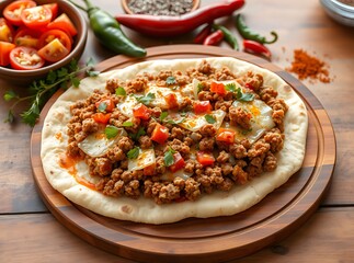 Delectable Flatbread: A mouthwatering flatbread topped with a flavorful mix of seasoned ground meat, diced tomatoes, herbs, and spices, beautifully presented on a wooden board.