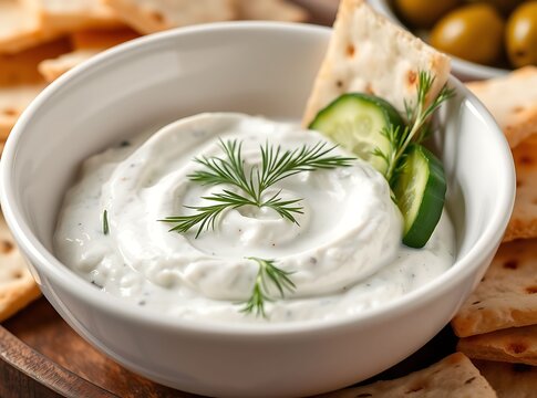 Creamy Dip Delight: A close-up captures the tantalizing allure of a creamy dip in a pristine white bowl, garnished with fresh herbs and crisp cucumber slices.