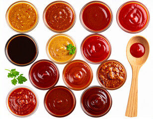  Top-Down View of Open Barbecue Sauce Containers with Spilled Drips and Wooden Spoon, Flat Lay Culinary Layout, Isolated PNG.