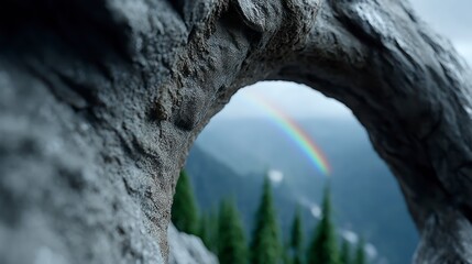 Through a stone archway a vibrant rainbow arches over misty green mountains and pine trees