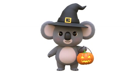 Cartoon koala in witchs hat with halloween pumpkin