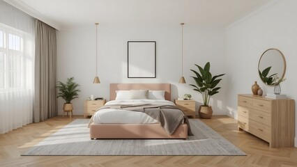 Serene Minimalist Bedroom Interior: Blush Pink Bed, Light Wood Accents, and Natural Greenery.
