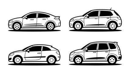 Collection of four distinct car silhouettes in black and white