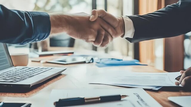Two people shaking hands, signifying an agreement, over a table with contracts & devices