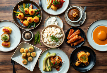 Gourmet Autumnal Dinner Platter:  Elegant overhead shot of diverse, sophisticated dishes featuring seasonal ingredients and vibrant colors.