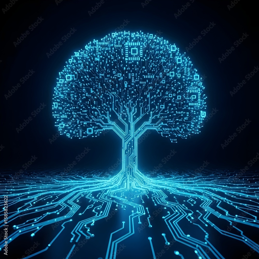 Poster a digital tree with a circuit board texture glows blue, representing technology, growth, and the int
