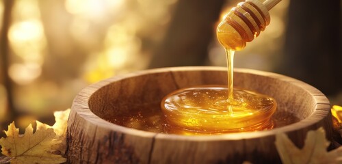 Golden Honey in Rustic Wooden Bowl, Autumnal Setting