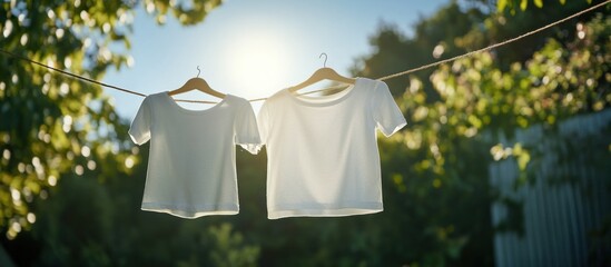 Two White T-Shirts Hanging on Clothesline in Sunny Garden