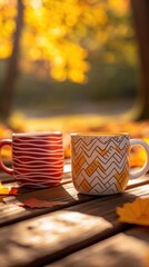 Autumnal Cozy: Two Mugs on Wooden Table, Warm Colors, Fall Leaves