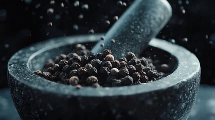 Black peppercorns being ground in a stone mortar and pestle © Kerah