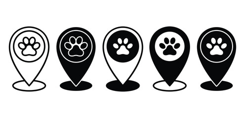 Gps Pet Tracker Icons Black And White Paw Print Location Markers Vector Design Illustration