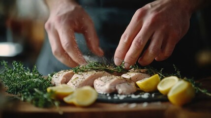 Close-up of hands preparing poultry with fresh herbs and lemon slices- showcasing culinary...