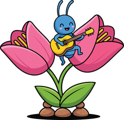 Blue ant playing guitar, cartoon insect character, pink flower perch, whimsical nature scene, musical bug illustration, creative vector, vibrant background