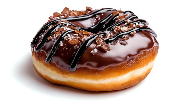 Chocolate glazed donut topped with dark chocolate drizzle and crunchy toffee bits on white background, isolated dessert for bakery and confectionery designs. - Powered by Adobe