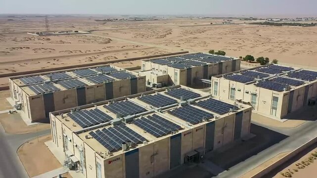 Kuwait Desert Data Hub: Modular Server Blocks & Solar Panels - Midday Aerial Flyover, Heat Vapor Rising