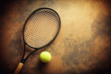 Vintage Tennis Racket and Ball on Clay Court with Warm Faded Tones