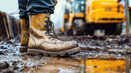A construction worker’s muddy boots stand on a wet- muddy worksite- emphasizing the rough...