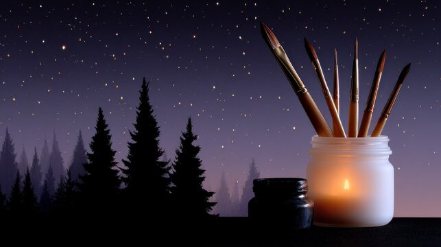 Jar of paintbrushes illuminated by a candle against a starry night sky with silhouetted pine trees