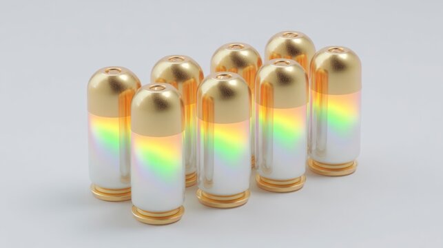 A group of realistic rendered bullets with golden tips and holographic rainbow reflections on a white background