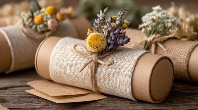 Cardboard tube gift packaging with fabric cap, tied with string and dried flowers, unique eco gift idea with rustic charm