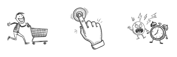 Cartoon set of shopping man, finger pressing button, and alarm clock character yelling. Hand-drawn doodle style, isolated sketches. Daily urgency concept for marketing, retail, and productivity apps.
