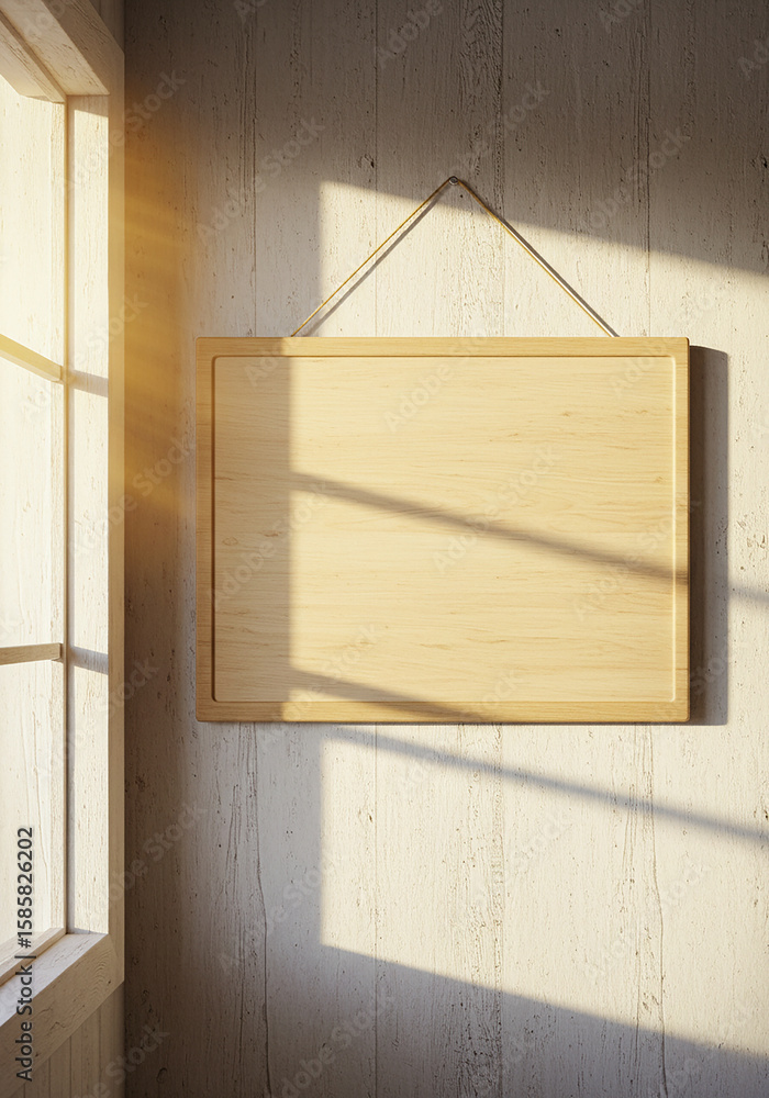 Poster wooden frame hanging on a wall near a window with sunlight shining through. interior design element 