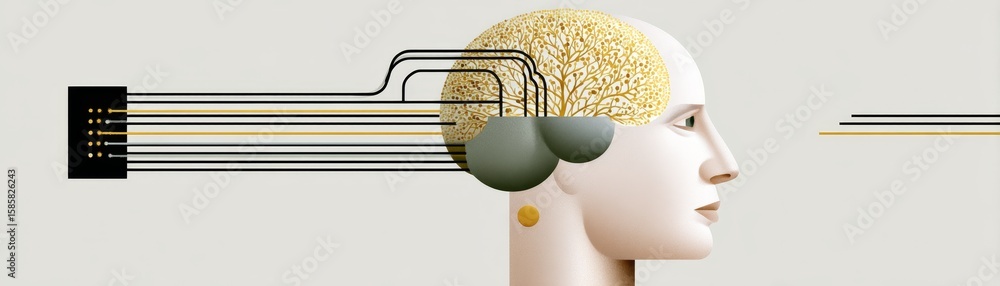 Poster innovative scientist investigates neural interface technology in futuristic lab exploring human-mach