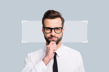 Composite sketch 3D photo collage of businessman formalwear posing portrait password authentication...