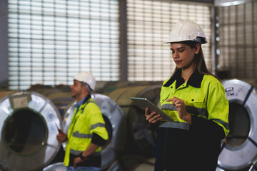 A woman worker wearing a yellow and blue safety vest is holding a tablet in a factory