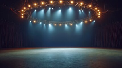 An empty- atmospheric circus ring illuminated by circular stage lights- evoking a sense of...
